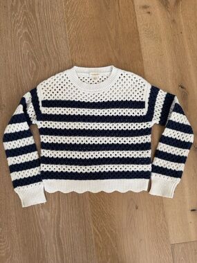 Crewcuts White and Navy Striped Open-Knit Crewneck Sweater